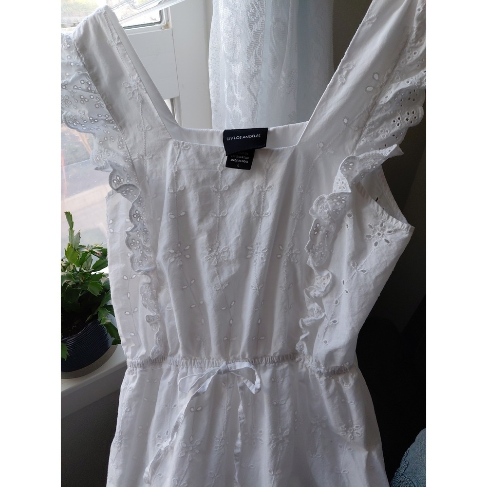 LivLos Angeles White Eyelet Sundress Lined Frilly Boho Y2k Festival Summer Sz L - Picture 2 of 10